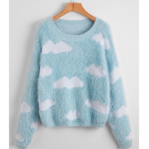 Dolls Kill Sweaters - Light Blue White Fuzzy Cloud Pullover Sweater Small